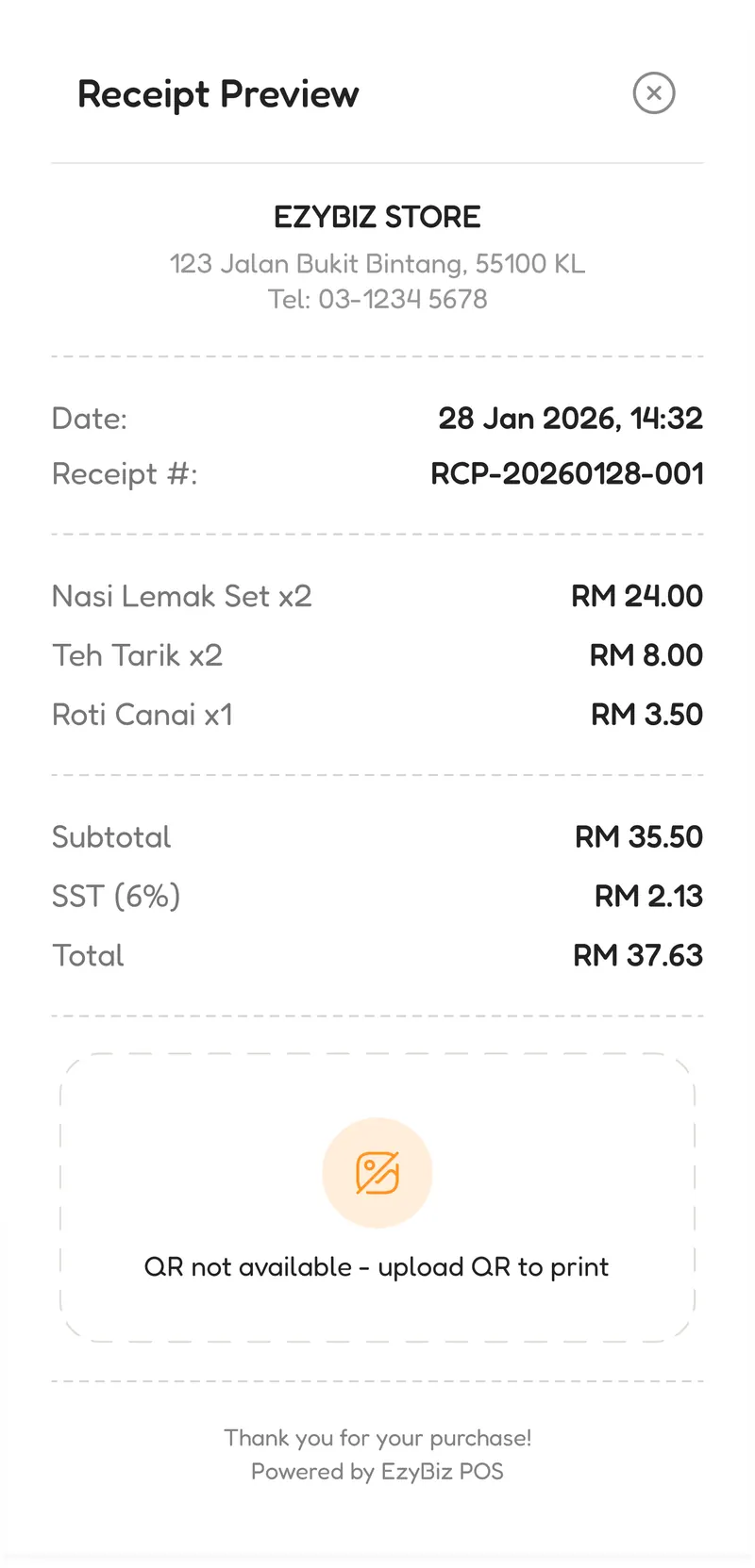 A receipt preview in EzyBiz showing itemised lines, subtotal, six percent SST and total, with a placeholder for the LHDN validation QR code.