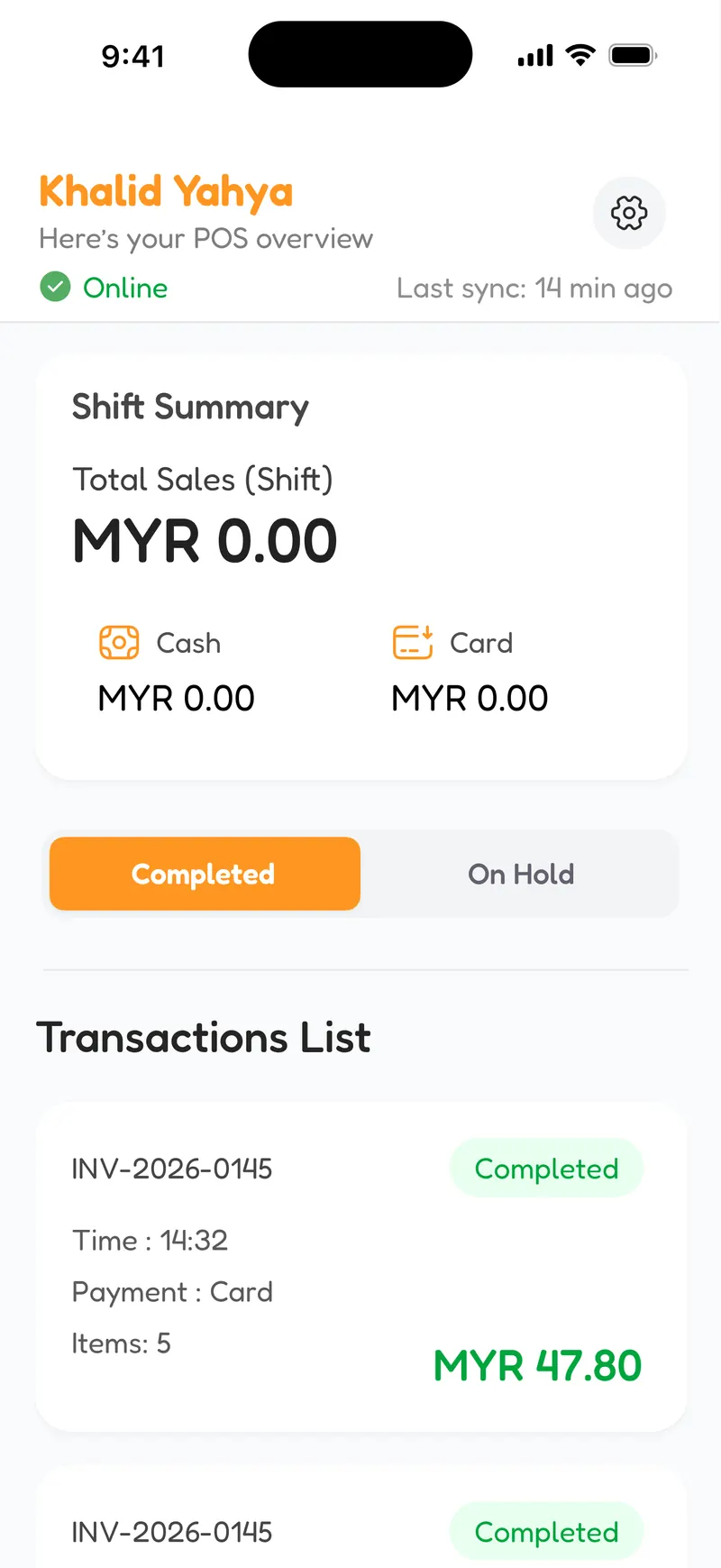 The EzyBiz point-of-sale screen, showing a shift summary with cash and card totals above a list of completed transactions.