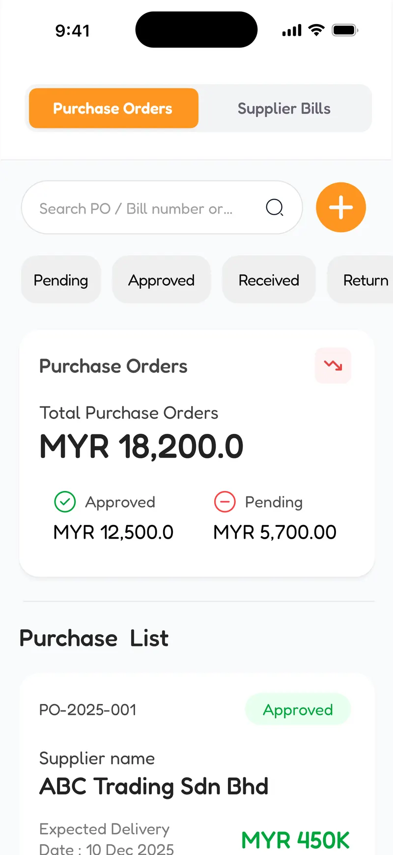 The EzyBiz purchase orders screen, listing orders by supplier with approved, pending and received states and expected delivery dates.