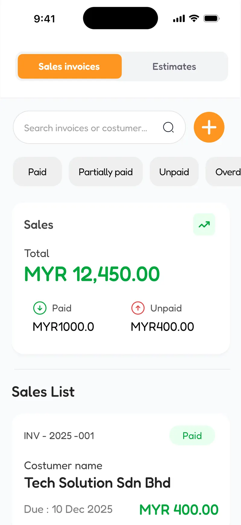 The EzyBiz sales and invoicing screen, listing invoices by customer with paid, partially paid and unpaid totals in Malaysian ringgit.