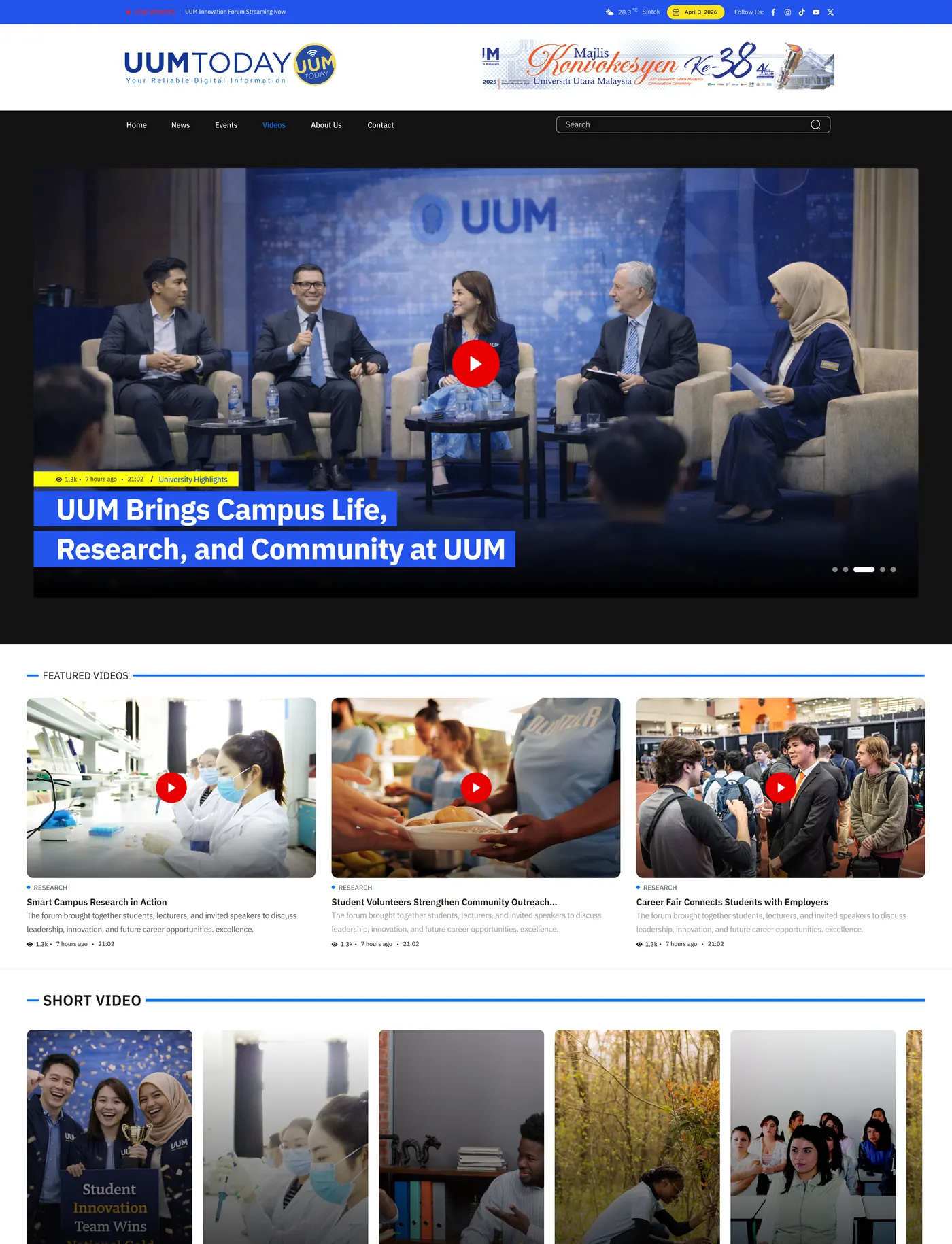 A longer view of the UUM Today home page, showing the news grid, a short video highlights row and a further row of campus stories.