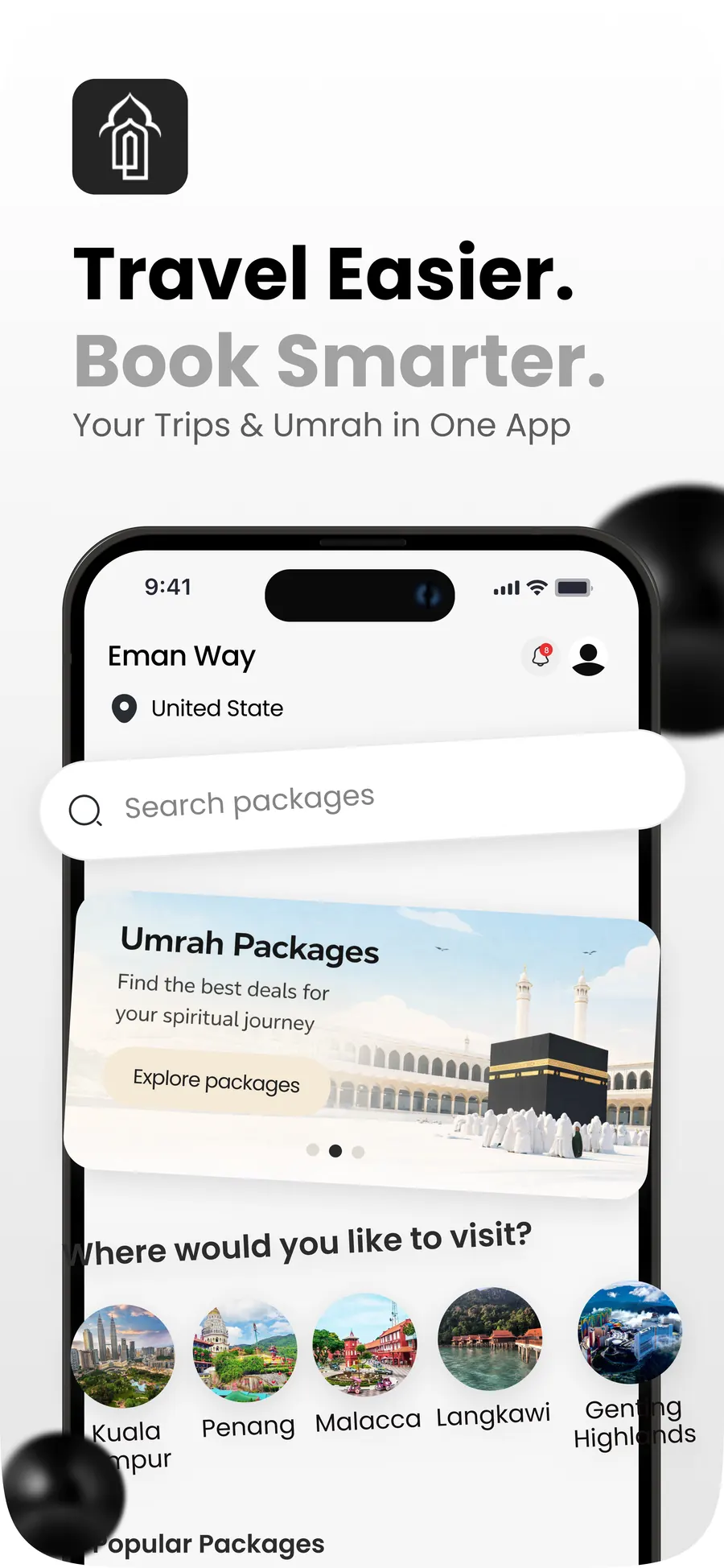 The Eman Way mobile app home screen on a phone, with a package search field, an Umrah packages banner and a row of Malaysian destinations.