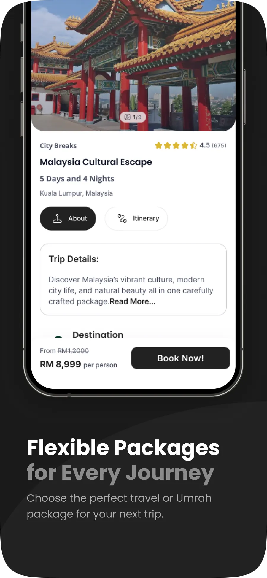 A package detail screen in the Eman Way app, showing a five-day Malaysia cultural escape with a rating, an itinerary tab and a per-person price.