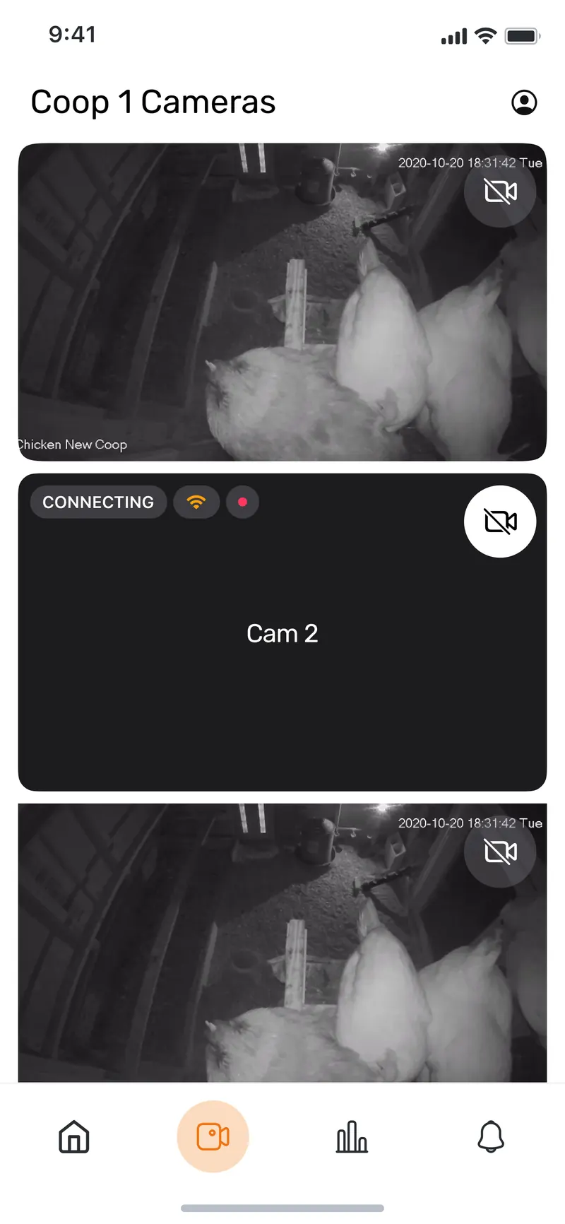 The Poultrix camera screen showing two infrared views inside a coop and a third camera in a connecting state.