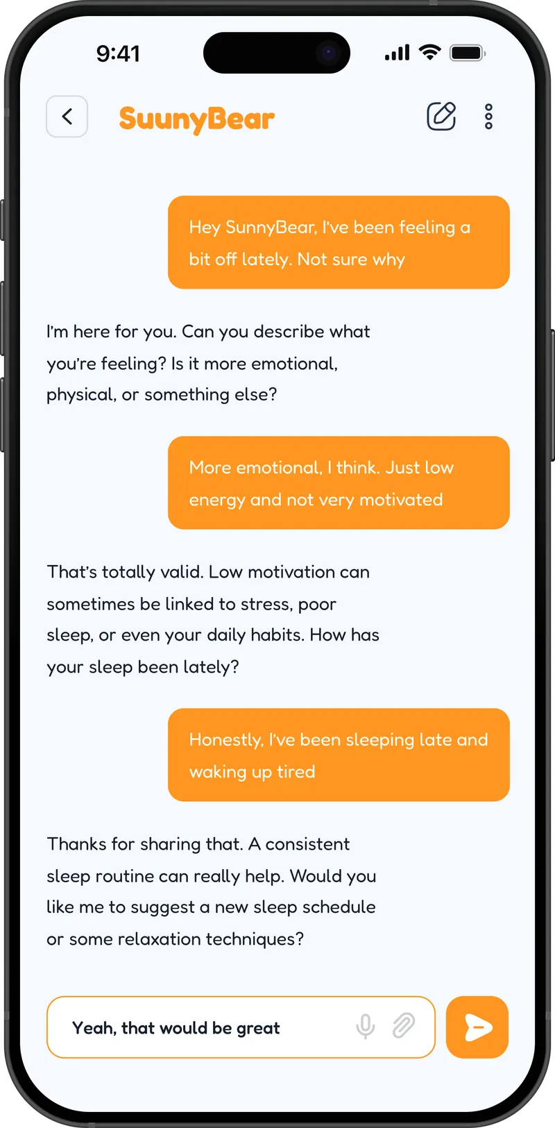 A conversation in SunnyBear where a student describes feeling low and tired, and the assistant reflects it back and asks about sleep before suggesting a routine.