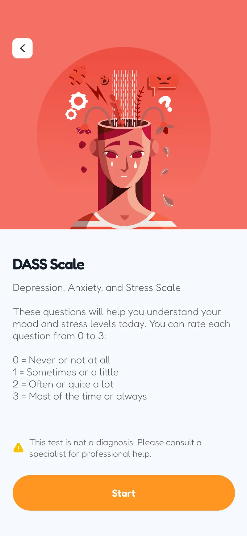 The DASS scale introduction in SunnyBear, explaining the depression, anxiety and stress scale and its zero to three scoring, with a notice that the test is not a diagnosis.